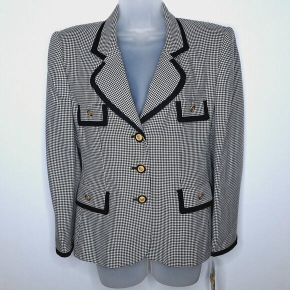 Vintage Gilmor 90s Houndstooth Blazer Jacket Medusa Gold Button 10 Petite Career - Picture 1 of 11